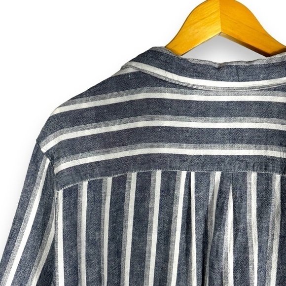 Catherine Malandrino Linen Blend Raw Hem Button Up Top, Blue/White Stripe, Large - Picture 9 of 11